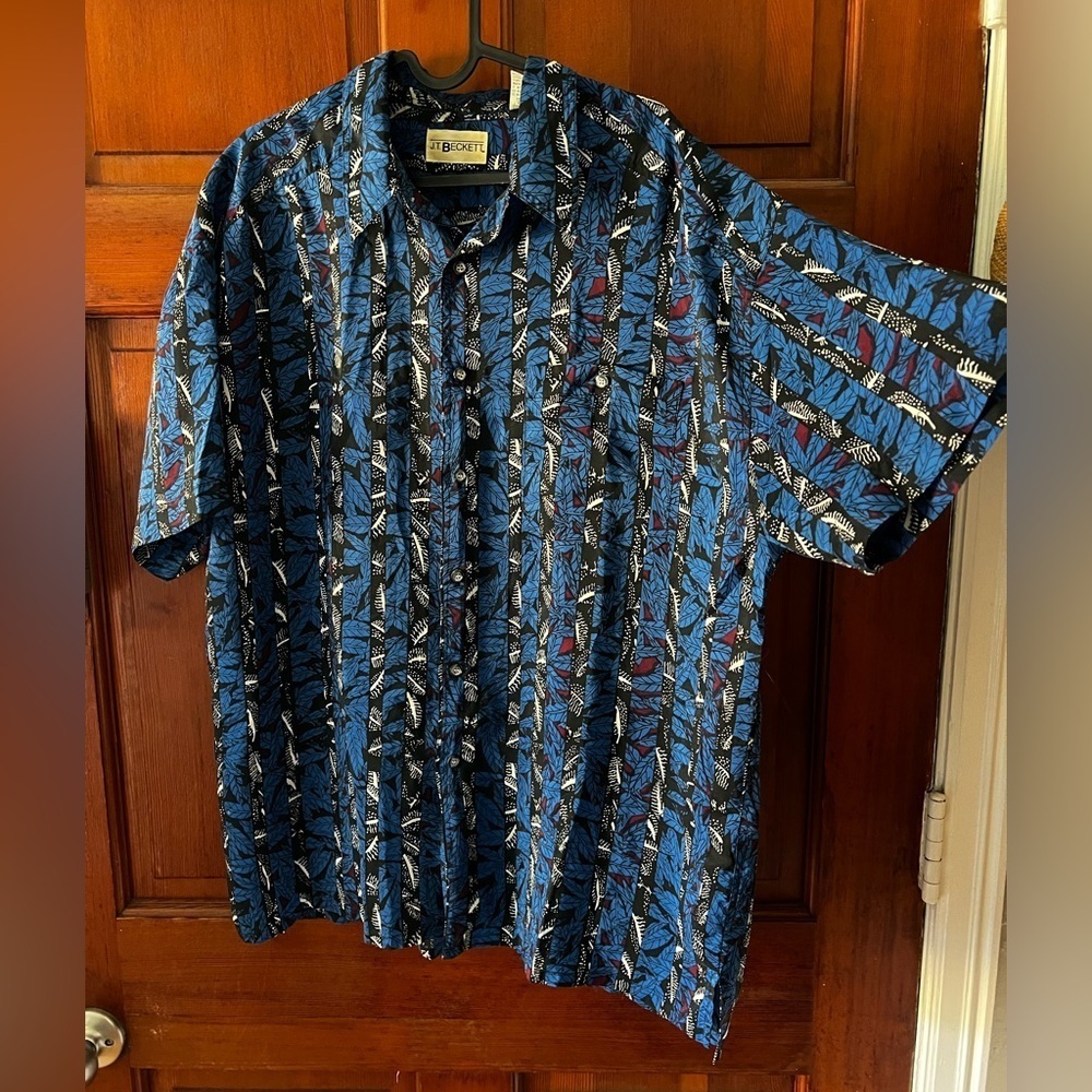 Vintage J.T. Beckett 100% Silk Shirt – Abstract Leaf Print Button-Up Blue Size L